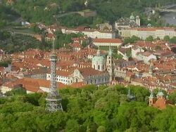 WS AERIAL Shot of Petron Lookout Tower / Prague, Czech Republic Stock Footage
