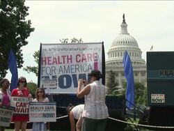 June 2009 MONTAGE Demonstration in favor of healthcare reform outside the US Capitol / June 25, 2009 / Washington D.C. / AUDIO Stock Footage