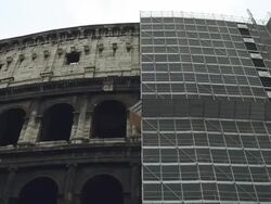 Coliseum renovation, covered by scaffolding Stock Footage