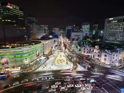 MS T/L Shot of night scenery of namdaemun market place and Korea bank with myeongdong area / Seoul, South Korea Stock Footage