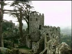 Pan of Castle dos Mourous to town Sintra Portugal Stock Footage