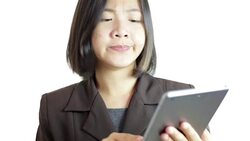 Woman use Digital Tablet on White Background Stock Footage