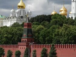 WS ZO View of Kremlin surrounded by trees / Moscow, Russia Stock Footage