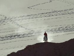 WS View Static man sitting on horseback and rides through sandy valley / Angostura, Chile Stock Footage