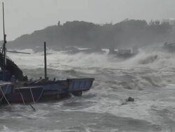Hurricane Storm Surge Waves Crash Into Harbor Stock Footage
