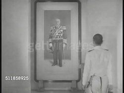 1935: JAPAN: Officer on reviewing stand in front of Japanese flag, saluting soldiers marching in parade carrying 'Rising Sun' (war flag), shouldering rifles w/ bayonets. Painting of Admiral Heihachiro Togo. MS Japanese Naval cadet in front of painting Instructional Video