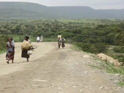 Peopl carrying loads walking on road Stock Footage