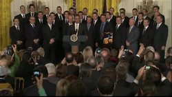 US President hosts Stanley Cup winners the Boston Bruins. News Clip