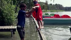 brave baby superman by the lake Stock Footage
