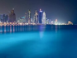 Qatar, Middle East, Arabian Peninsula, Doha, new skyline of the West Bay central financial district of Doha Stock Footage