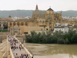 LS view from Calahorra tower across Roman bridge and Guadalquivir river to the Cathedral-Mosque Stock Footage