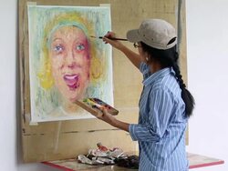 Woman Artist Oil Painting Portrait Stock Footage