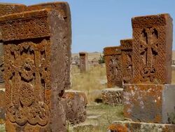 Noratus (Noraduz) cemetery, Sevan lake, tombstones and khatchkars in the cemetery Stock Footage