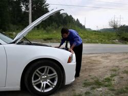 MS Man opening hood of broken down car and talking on mobile phone on side of road / Portland, ME, United States Stock Footage