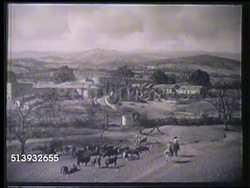 1953: CALIFORNIA HISTORICAL DRAMATIZATION: HA WS Rancho. People arriving at rancho in horse & buggy. PAN People dressed up in traditional Spanish influence upper class clothing, walking into decorated open courtyard home, guests dancing. Instructional Video