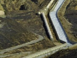 MS, Aqueduct in mountain landscape, Sylmar, California, USA Stock Footage