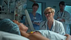 DS Doctor visiting her female patient in ICU after surgery Stock Footage