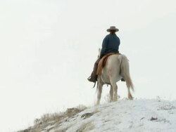LA Cowgirl walking horse slowly around on snowy hilltop / Shell, Wyoming, United States Stock Footage