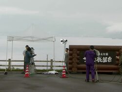 WS Shot of television news crews preparating for G8 meeting / Hokkaido Toyako, Japan Stock Footage