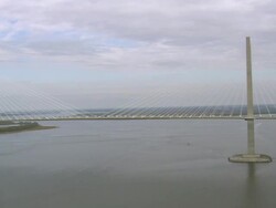 MS AERIAL TU Shot of traffic moving on Arthur Ravenel Jr Bridge / South Carolina, United States Stock Footage