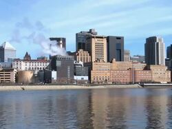 A view of the St. Paul skyline from across the Mississippi River Stock Footage