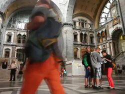 LA T/L Passenger Traffic in Antwerp Central Station Stock Footage