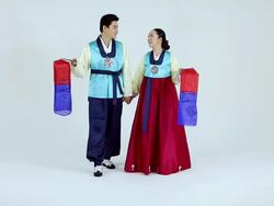MS Couple wearing hanbok is walking with traditional lantern / Seoul, Seoul, South Korea Stock Footage