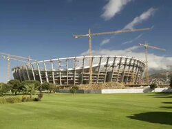 T/L The new FIFA 2010 Cape Town Stadium under construction in Greenpoint, South Africa Stock Footage