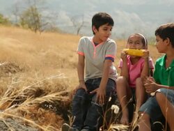 Three Kids eating corn at hill station Stock Footage
