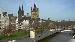 Old Town with Cathedral, Gross St. Martin's Church and Rhine River, Cologne, North Rhine-Westphalia, Germany Stock Footage