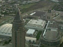 AERIAL Top of Messeturm at sunset Frankfurt am Main, Hesse, Germany Stock Footage