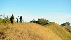 backpackers walk, walk and walk on the edge of mountain Stock Footage