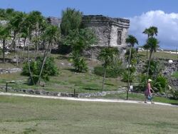 Tulum tourists walk Mayan ruins Stock Footage