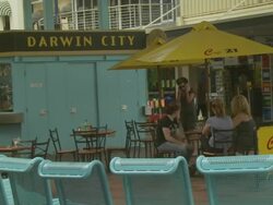 Outdoor coffee tables, Darwin shopping mall, Australia Stock Footage