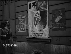 1947: PARIS, FRANCE: FOGGY: WS Cathedrale Norte Dame w/ women walking sidewalk leading to Pont De L Archeveche. DRAMATIZATION: 'Andre & Suzanne DuBois' looking at RPF poster on building, walking past Communist Party posters. Instructional Video