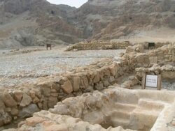 WS TD View of caves of Qumran near Dead sea / Qumran,  Judea Desert,  Isarel Stock Footage