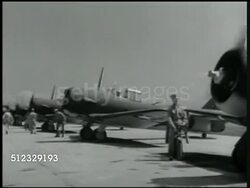 1942: U.S. MARINE CORPS AIR SQUADRON: WS Naval Air Force pilots standing w/ fighter airplanes (variation of Curtiss P-36 Hawk, unconfirmed). MS Pilots putting on gear, parachute packs. MS Gunner in gear loading weaponry into cockpit, machine gun. Instructional Video