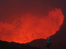 Volcano erupts very close to scientist, Marum Volcano, Ambrym Island, Vanuatu Stock Footage