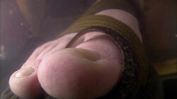 A leech moves under water over a man's toes. Stock Footage