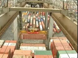 Container being lifted from ship, Container Terminal, Southampton, UK Stock Footage