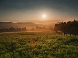 CRANE UP: Misty Morning Landscape Stock Footage