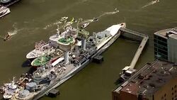 Aerials of Fishing for Leave and Vote Remain EU Referendum Campaign Boats on the River Thames News Clip