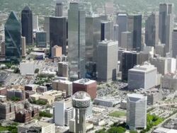 High Angle static - Water suddenly floods downtown Dallas, Texas covering most of the skyscrapers. / Dallas, Texas, USA Stock Footage