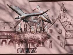 MS Shot of stork painting on wall / Alsace, France Stock Footage
