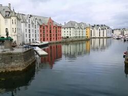 Alseund, the canal to the inner harbor, and art nouveau buildings Stock Footage