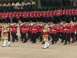 MS Shot of Queen's Birthday Parade with horse gurads in Trooping Colour at Whitelhall / London, United Kingdom Stock Footage