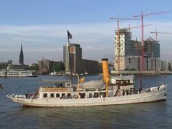 WS PAN View of steamer moving on river Elbe with skyline / Hamburg, Germany Stock Footage