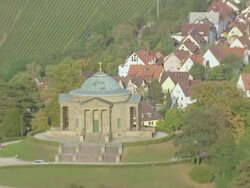 MS AERIAL ZO View of Burial Chapel castle and farm fields on Rotenberg / Stuttgart, Baden Wurttemberg Stock Footage