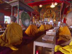 MS PAN TU Monks sitting together in Kopan Monastery / Kathmandu, Central, Nepal Stock Footage