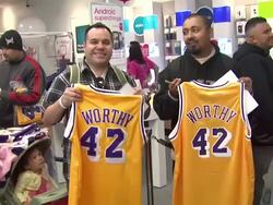 James Worthy Greets Fans At T-Mobile And Gears Up For NBA All-Star 2011 In Los Angeles... Stock Footage